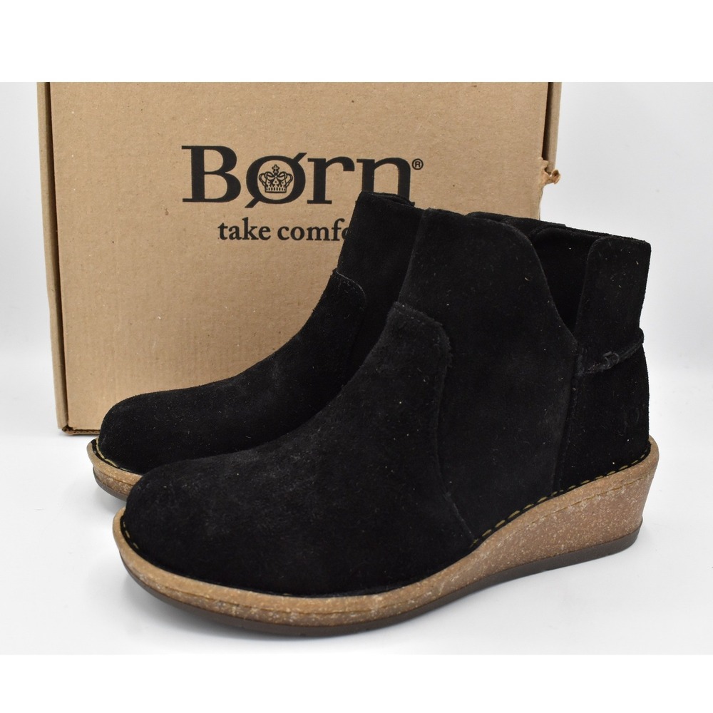 Born Women 7 Viv Black Distressed Leather Wedge Booties Boots Shoes Western BOHO
